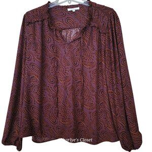 Les Serein Burgundy/Orange Sheer Embroidered Paisley‎ Fairy Burnout Top  Sz. XL